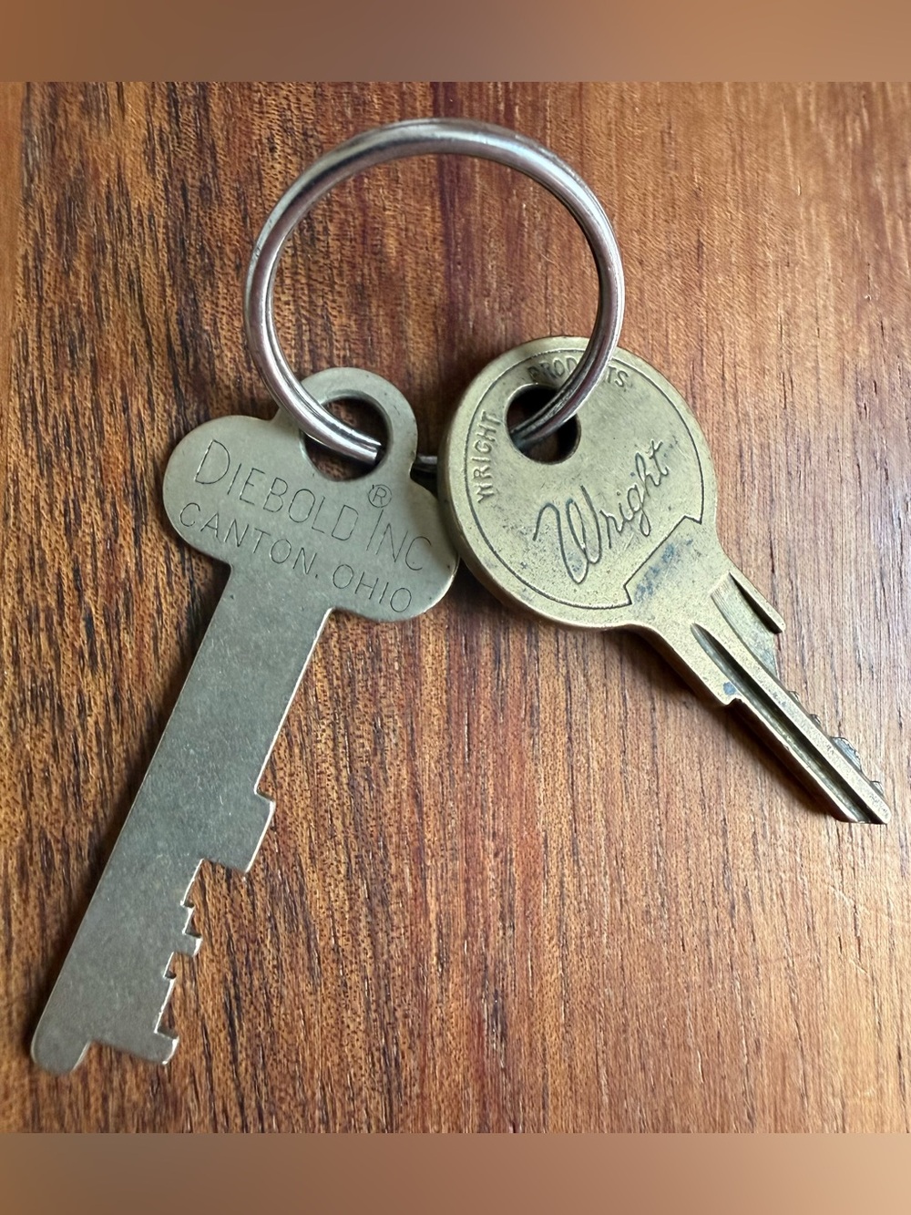 Lot of 2 Vintage Brass Wright Diebold Keys on Ring